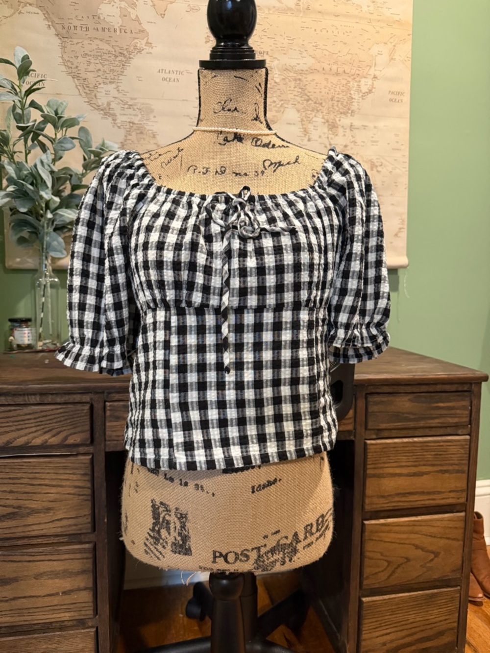 Vero Moda Black & White Gingham Crop Peasant Top